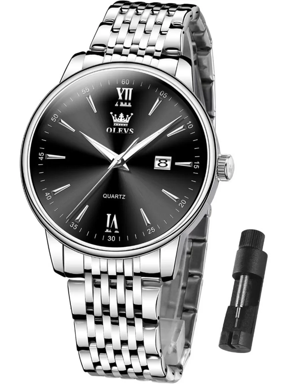 Men's Silver Black Big Dial Analog Quartz Stainless Relojes Waterproof Watch